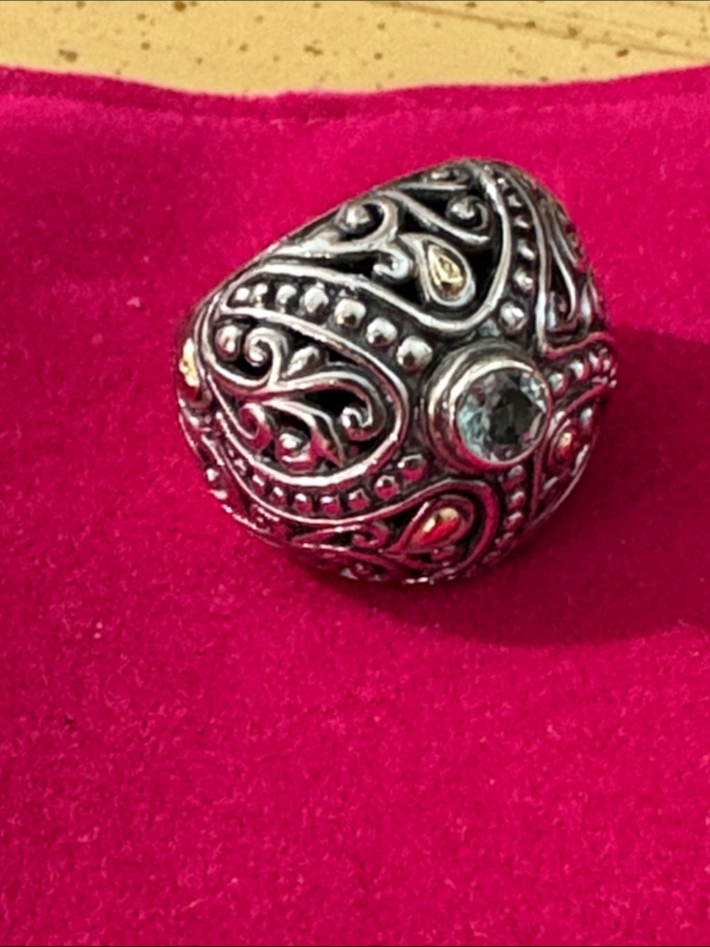 Phillip Gavriel Ornate Filigree Dome Ring with blue Stone - Silver Tone